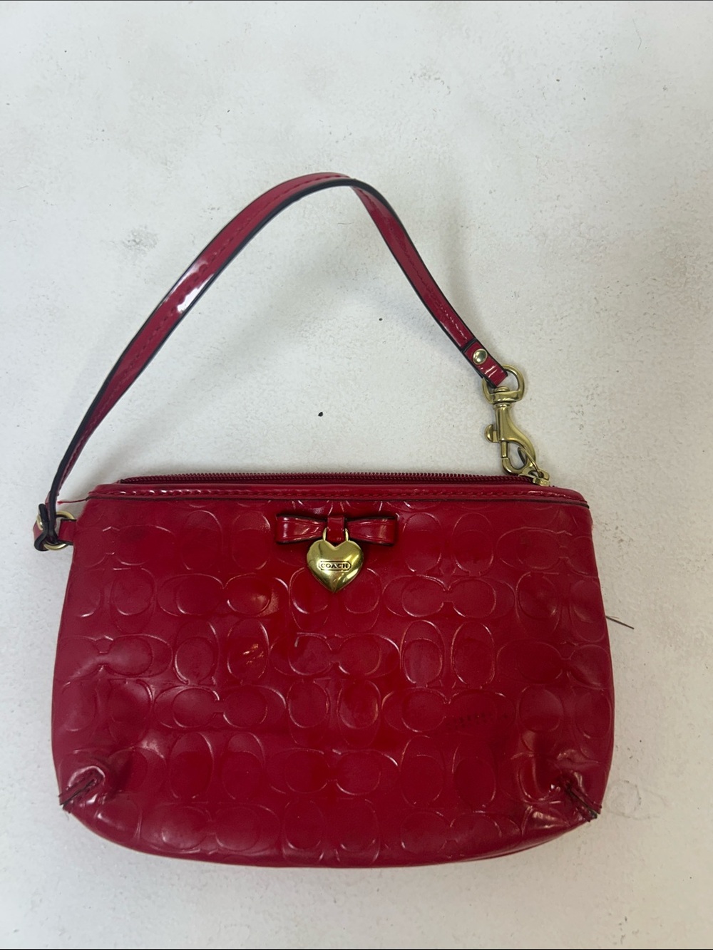 Coach Red Patent Leather Wristlet with Gold Heart Charm